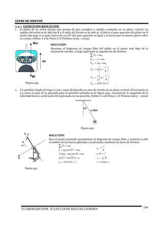 LEYES DE NEWTON
ELABORADO POR: JULIO CESAR MACIAS ZAMORA 199
3.4.1. EJERCICIOS RESUELTOS
1. El piloto de un avión ejecuta una pirueta de giro completo a rapidez constante en un plano vertical. La
rapidez del avión es de 483 km/h y el radio del círculo es de 366 m. ¿Cuál es el peso aparente del piloto en el
punto más bajo si su peso real es de 713 N? (Su peso aparente es igual a la fuerza que el asiento ejerce sobre
su cuerpo. (Deber # 2 de Física I, II Término 2003 – 2004)
SOLUCIÓN
Haremos el diagrama de cuerpo libre del piloto en el punto más bajo de la
trayectoria circular, y luego aplicamos la segunda ley de Newton.
NN
R
v
g
g
w
N
R
v
gmN
mamgN
mawN
maFy
SP
SP
SP
CSP
CSP
C
26.4291
2
2
=






+=






+=
+=
=−
=∑
2. Un péndulo simple de largo L=2m y masa M describe un arco de círculo en un plano vertical. Si la tensión es
2.5 veces el peso de la plomada para la posición indicada en la figura 440, encuéntrese la magnitud de la
velocidad lineal y aceleración de la plomada en esa posición. (Deber # 2 de Física I, II Término 2003 – 2004)
SOLUCIÓN
Para el punto mostrado presentamos el diagrama de cuerpo libre, y posterior a ello
el análisis de las fuerza aplicadas a la plomada, mediante las leyes de Newton.
2
/013.16
)30cos5.2(
30cos5.2
30cos
sma
ag
mamgmg
mamgT
maFy
C
C
C
C
=
=°−
=−
=°−
=∑
smv
Rav
vRa
R
v
a
C
C
C
/66.5
2
2
=
=
=
=
NSP
W
ac
Figura 439
M
L=2m
30°
Figura 440
T
mgcos30°
30°
mg
ac
X
Y
mgsen30°
Figura 441
 