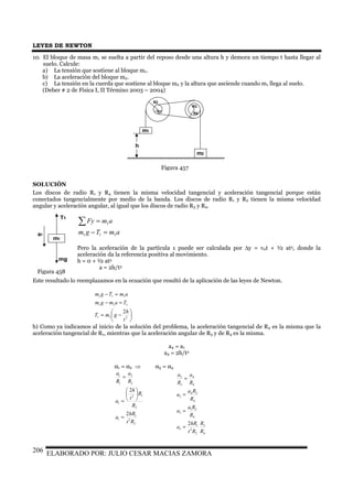 LEYES DE NEWTON
ELABORADO POR: JULIO CESAR MACIAS ZAMORA206
10. El bloque de masa m1 se suelta a partir del reposo desde una altura h y demora un tiempo t hasta llegar al
suelo. Calcule:
a) La tensión que sostiene al bloque m1.
b) La aceleración del bloque m2.
c) La tensión en la cuerda que sostiene al bloque m2 y la altura que asciende cuando m1 llega al suelo.
(Deber # 2 de Física I, II Término 2003 – 2004)
SOLUCIÓN
Los discos de radio R1 y R4 tienen la misma velocidad tangencial y aceleración tangencial porque están
conectados tangencialmente por medio de la banda. Los discos de radio R1 y R2 tienen la misma velocidad
angular y aceleración angular, al igual que los discos de radio R3 y R4.
amTgm
amFy
111
1
=−
=∑
Pero la aceleración de la partícula 1 puede ser calculada por ∆y = v0t + ½ at2, donde la
aceleración da la referencia positiva al movimiento.
h = 0 + ½ at2
a = 2h/t2
Este resultado lo reemplazamos en la ecuación que resultó de la aplicación de las leyes de Newton.






−=
=−
=−
211
111
111
2
t
h
gmT
Tamgm
amTgm
b) Como ya indicamos al inicio de la solución del problema, la aceleración tangencial de R4 es la misma que la
aceleración tangencial de R1, mientras que la aceleración angular de R3 y de R4 es la misma.
a4 = a1
a4 = 2h/t2
α1 = α2 ⇒ α3 = α4
2
2
1
1
2
12
1
2
2
1
1
2
2
Rt
hR
a
R
R
t
h
a
R
a
R
a
=






=
=
4
3
2
2
1
3
4
31
3
4
34
3
4
4
3
3
2
R
R
Rt
hR
a
R
Ra
a
R
Ra
a
R
a
R
a
=
=
=
=
m1
m2
h
R1
R2
R3
R4
Figura 457
m1
T1
mg
a1
Figura 458
 