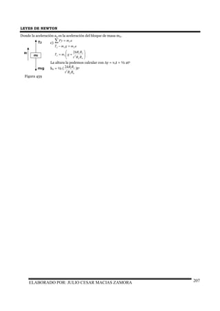 LEYES DE NEWTON
ELABORADO POR: JULIO CESAR MACIAS ZAMORA 207
Donde la aceleración a3 es la aceleración del bloque de masa m2.
c)






+=
=−
=∑
42
2
31
22
222
2
2
RRt
RhR
gmT
amgmT
amFy
La altura la podemos calcular con ∆y = v0t + ½ at2
h2 = ½ (
42
2
312
RRt
RhR )t2
m2
T2
m2g
a2
Figura 459
 