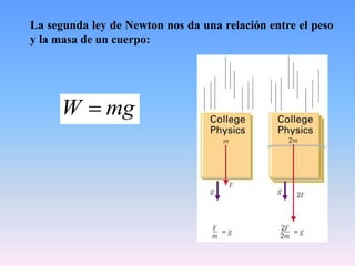 La segunda ley de Newton nos da una relación entre el peso
y la masa de un cuerpo:
mgW 
 