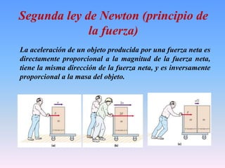 Segunda ley de Newton (principio de
la fuerza)
La aceleración de un objeto producida por una fuerza neta es
directamente proporcional a la magnitud de la fuerza neta,
tiene la misma dirección de la fuerza neta, y es inversamente
proporcional a la masa del objeto.
 