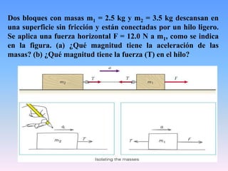 Dos bloques con masas m1 = 2.5 kg y m2 = 3.5 kg descansan en
una superficie sin fricción y están conectadas por un hilo ligero.
Se aplica una fuerza horizontal F = 12.0 N a m1, como se indica
en la figura. (a) ¿Qué magnitud tiene la aceleración de las
masas? (b) ¿Qué magnitud tiene la fuerza (T) en el hilo?
 