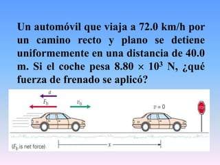 Un automóvil que viaja a 72.0 km/h por
un camino recto y plano se detiene
uniformemente en una distancia de 40.0
m. Si el coche pesa 8.80 103 N, ¿qué
fuerza de frenado se aplicó?
 