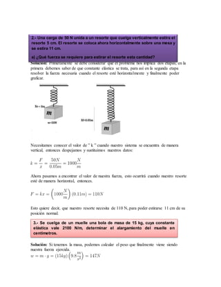 Solución: Primeramente se debe considerar que el problema nos implica dos etapas, en la
primera debemos saber de que constante elástica se trata, para así en la segunda etapa
resolver la fuerza necesaria cuando el resorte esté horizontalmente y finalmente poder
graficar.
Necesitamos conocer el valor de ” k ” cuando nuestro sistema se encuentra de manera
vertical, entonces despejamos y sustituimos nuestros datos:
Ahora pasamos a encontrar el valor de nuestra fuerza, esto ocurrirá cuando nuestro resorte
esté de manera horizontal, entonces.
Esto quiere decir, que nuestro resorte necesita de 110 N, para poder estirarse 11 cm de su
posición normal.
Solución: Si tenemos la masa, podemos calcular el peso que finalmente viene siendo
nuestra fuerza ejercida.
3.- Se cuelga de un muelle una bola de masa de 15 kg, cuya constante
elástica vale 2100 N/m, determinar el alargamiento del muelle en
centímetros.
2.- Una carga de 50 N unida a un resorte que cuelga verticalmente estira el
resorte 5 cm. El resorte se coloca ahora horizontalmente sobre una mesa y
se estira 11 cm.
a) ¿Qué fuerza se requiere para estirar el resorte esta cantidad?
 
