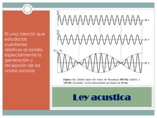 Es una ciencia que
estudia las
cuestiones
relativas al sonido,
especialmente la
generación y
recepción de las
ondas sonoras




                       Ley acustica
 
