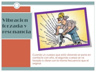 Vibracion
forzada y
resonancia



             Cuando un cuerpo que está vibrando se pone en
             contacto con otro, el segundo cuerpo se ve
             forzado a vibrar con la misma frecuencia que el
             original
 