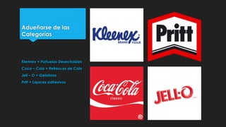 Adueñarse de las
Categorías
Klennex = Pañuelos Desechables
Coca – Cola = Refrescos de Cola
Jell – O = Gelatinas
Pritt = Lá...