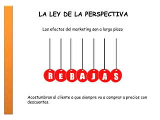LA LEY DE LA PERSPECTIVA
Los efectos del marketing son a largo plazo
Acostumbran al cliente a que siempre va a comprar a precios con
descuentos.
 