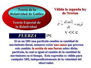 Teoría de la                 Válida la segunda ley
Relatividad de Galileo                 de Newton

  Teoría Especial de                    d ( mv )
                                             dp
                                     F=          = m0 a
   la Relatividad                        F=dt
                                         v <<dt
                                              c
      FUERZA                [N]
   Si en un SRI una partícula cambia su cantidad de
movimiento lineal, entonces existe una causa que provoca
    este cambio: la acción de una fuerza sobre dicha
  partícula, la cual es igual al cambio de la cantidad de
movimiento en el tiempo. Esta expresión es válida para
 cualquier SRI, independientemente de la velocidad del
                         observador.
 