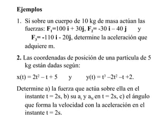 Ejemplos
1. Si sobre un cuerpo de 10 kg de masa actúan las
   fuerzas: F1=100 i + 30j, F2= -30 i – 40 j     y
      F3= -110 i - 20j, determine la aceleración que
   adquiere m.
2. Las coordenadas de posición de una partícula de 5
   kg están dadas según:
x(t) = 2t2 – t + 5   y       y(t) = t3 –2t2 –t +2.
Determine a) la fuerza que actúa sobre ella en el
  instante t = 2s, b) su at y aN en t = 2s, c) el ángulo
  que forma la velocidad con la aceleración en el
  instante t = 2s.
 
