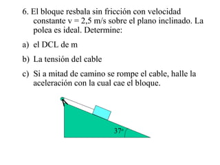 6. El bloque resbala sin fricción con velocidad
   constante v = 2,5 m/s sobre el plano inclinado. La
   polea es ideal. Determine:
a) el DCL de m
b) La tensión del cable
c) Si a mitad de camino se rompe el cable, halle la
   aceleración con la cual cae el bloque.




                          37o
 