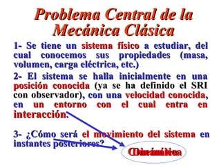 Problema Central de la
      Mecánica Clásica
1- Se tiene un sistema físico a estudiar, del
cual conocemos sus propiedades (masa,
volumen, carga eléctrica, etc.)
2- El sistema se halla inicialmente en una
posición conocida (ya se ha definido el SRI
con observador), con una velocidad conocida,
en un entorno con el cual entra en
interacción.
3- ¿Cómo será el movimiento del sistema en
instantes posteriores?
                          Cinemática
                           Dinámica
 
