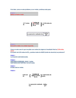 Si el dato, como en este problema, es en moles, omitimos este paso.

PASO 4
Aplicar el factor molar




                                          3 moles de
                     3.17 moles
                     Al               [   O2 4 moles
                                          de Al        ]   = 2.38 moles de
                                                           O2




                                                                3.17 x
                            La operación realizada fue
                                                                 34




.
PASO 5
Convertir el dato a la unidad requerida.

Como en este caso lo que me piden son moles de oxígeno el resultado final es 2.38 moles
de O2.
b) A partir de 8.25 moles de O2, ¿cuántas moles de Al2O3 (óxido de aluminio) se producen?

PASO 1
La ecuación está balanceada.

PASO 2
SUSTANCIA DESEADA: Al2O3 ? moles
SUSTANCIA DE PARTIDA: O2 8.25 moles

PASO 3
El dato está en moles.

PASO 4

                                       2 moles de
                     8.25 mol
                     O2           [   Al2O3 3 moles
                                          de O2
                                                       ] = 5.50 moles de
                                                         Al O
                                                            2   3




                                La operación realizada      8.25 x
                                fue:                         23
 
