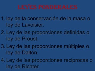 Leyes ponderales
1. ley de la conservación de la masa o
   ley de Lavoisier.
2. Ley de las proporciones definidas o
   ley de Proust.
3. Ley de las proporciones múltiples o
   ley de Dalton.
4. Ley de las proporciones reciprocas o
   ley de Richter.
 