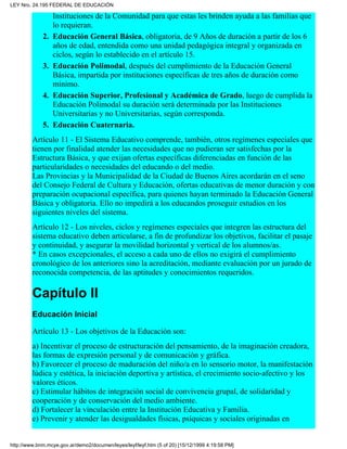 Instituciones de la Comunidad para que estas les brinden ayuda a las familias que
lo requieran.
Educación General Básica, obligatoria, de 9 Años de duración a partir de los 6
años de edad, entendida como una unidad pedagógica integral y organizada en
ciclos, según lo establecido en el artículo 15.
2.
Educación Polimodal, después del cumplimiento de la Educación General
Básica, impartida por instituciones específicas de tres años de duración como
mínimo.
3.
Educación Superior, Profesional y Académica de Grado, luego de cumplida la
Educación Polimodal su duración será determinada por las Instituciones
Universitarias y no Universitarias, según corresponda.
4.
Educación Cuaternaria.5.
Artículo 11 - El Sistema Educativo comprende, también, otros regímenes especiales que
tienen por finalidad atender las necesidades que no pudieran ser satisfechas por la
Estructura Básica, y que exijan ofertas específicas diferenciadas en función de las
particularidades o necesidades del educando o del medio.
Las Provincias y la Municipalidad de la Ciudad de Buenos Aires acordarán en el seno
del Consejo Federal de Cultura y Educación, ofertas educativas de menor duración y con
preparación ocupacional específica, para quienes hayan terminado la Educación General
Básica y obligatoria. Ello no impedirá a los educandos proseguir estudios en los
siguientes niveles del sistema.
Artículo 12 - Los niveles, ciclos y regímenes especiales que integren las estructura del
sistema educativo deben articularse, a fin de profundizar los objetivos, facilitar el pasaje
y continuidad, y asegurar la movilidad horizontal y vertical de los alumnos/as.
* En casos excepcionales, el acceso a cada uno de ellos no exigirá el cumplimiento
cronológico de los anteriores sino la acreditación, mediante evaluación por un jurado de
reconocida competencia, de las aptitudes y conocimientos requeridos.
Capítulo II
Educación Inicial
Artículo 13 - Los objetivos de la Educación son:
a) Incentivar el proceso de estructuración del pensamiento, de la imaginación creadora,
las formas de expresión personal y de comunicación y gráfica.
b) Favorecer el proceso de maduración del niño/a en lo sensorio motor, la manifestación
lúdica y estética, la iniciación deportiva y artística, el crecimiento socio-afectivo y los
valores éticos.
c) Estimular hábitos de integración social de convivencia grupal, de solidaridad y
cooperación y de conservación del medio ambiente.
d) Fortalecer la vinculación entre la Institución Educativa y Familia.
e) Prevenir y atender las desigualdades físicas, psíquicas y sociales originadas en
LEY Nro. 24.195 FEDERAL DE EDUCACIÓN
http://www.bnm.mcye.gov.ar/demo2/documen/leyes/leyf/leyf.htm (5 of 20) [15/12/1999 4:19:58 PM]
 