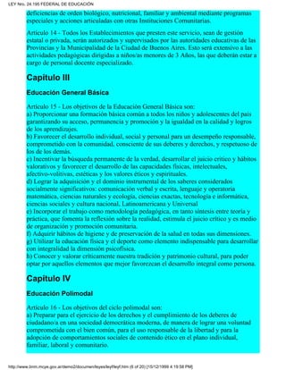 deficiencias de orden biológico, nutricional, familiar y ambiental mediante programas
especiales y acciones articuladas con otras Instituciones Comunitarias.
Artículo 14 - Todos los Establecimientos que presten este servicio, sean de gestión
estatal o privada, serán autorizados y supervisados por las autoridades educativas de las
Provincias y la Municipalidad de la Ciudad de Buenos Aires. Esto será extensivo a las
actividades pedagógicas dirigidas a niños/as menores de 3 Años, las que deberán estar a
cargo de personal docente especializado.
Capítulo III
Educación General Básica
Artículo 15 - Los objetivos de la Educación General Básica son:
a) Proporcionar una formación básica común a todos los niños y adolescentes del país
garantizando su acceso, permanencia y promoción y la igualdad en la calidad y logros
de los aprendizajes.
b) Favorecer el desarrollo individual, social y personal para un desempeño responsable,
comprometido con la comunidad, consciente de sus deberes y derechos, y respetuoso de
los de los demás.
c) Incentivar la búsqueda permanente de la verdad, desarrollar el juicio critico y hábitos
valorativos y favorecer el desarrollo de las capacidades físicas, intelectuales,
afectivo-volitivas, estéticas y los valores éticos y espirituales.
d) Lograr la adquisición y el dominio instrumental de los saberes considerados
socialmente significativos: comunicación verbal y escrita, lenguaje y operatoria
matemática, ciencias naturales y ecología, ciencias exactas, tecnología e informática,
ciencias sociales y cultura nacional, Latinoamericana y Universal
e) Incorporar el trabajo como metodología pedagógica, en tanto síntesis entre teoría y
práctica, que fomenta la reflexión sobre la realidad, estimula el juicio crítico y es medio
de organización y promoción comunitaria.
f) Adquirir hábitos de higiene y de preservación de la salud en todas sus dimensiones.
g) Utilizar la educación física y el deporte como elemento indispensable para desarrollar
con integralidad la dimensión psicofísica.
h) Conocer y valorar críticamente nuestra tradición y patrimonio cultural, para poder
optar por aquellos elementos que mejor favorezcan el desarrollo integral como persona.
Capítulo IV
Educación Polimodal
Artículo 16 - Los objetivos del ciclo polimodal son:
a) Preparar para el ejercicio de los derechos y el cumplimiento de los deberes de
ciudadano/a en una sociedad democrática moderna, de manera de lograr una voluntad
comprometida con el bien común, para el uso responsable de la libertad y para la
adopción de comportamientos sociales de contenido ético en el plano individual,
familiar, laboral y comunitario.
LEY Nro. 24.195 FEDERAL DE EDUCACIÓN
http://www.bnm.mcye.gov.ar/demo2/documen/leyes/leyf/leyf.htm (6 of 20) [15/12/1999 4:19:58 PM]
 