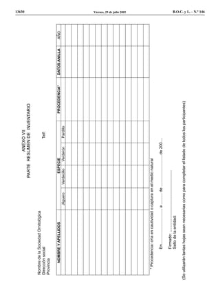 13630


                                                                                    ANEXO VII
                                                                           PARTE RESUMEN DE INVENTARIO

  Nombre de la Sociedad Ornitológica
  Dirección social                                                                                        Telf:
  Provincia

         NOMBRE Y APELLIDOS                                                 ESPECIE                                  PROCEDENCIA*   DATOS ANILLA   AÑO
                                                     Jilguero         Verdecillo Verderón                 Pardillo
                                                                                                                                                         Viernes, 29 de julio 2005




     * Procedencia: cría en cautividad o captura en el medio natural

                 En................................ a .......... de .............................de 200....

                 Firmado: ........................................................
                 Sello de la entidad:

(Se utilizarán tantas hojas sean necesarias como para completar el listado de todos los participantes)
                                                                                                                                                         B.O.C. y L. - N.º 146
 