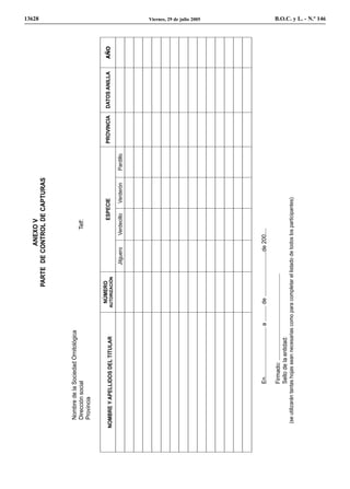 13628

                                                                                      ANEXO V
                                                                           PARTE DE CONTROL DE CAPTURAS



  Nombre de la Sociedad Ornitológica
  Dirección social                                                                                         Telf:
  Provincia

                                                                 NÚMERO                                        ESPECIE                    PROVINCIA   DATOS ANILLA   AÑO
NOMBRE Y APELLIDOS DEL TITULAR                                AUTORIZACIÓN

                                                                                      Jilguero         Verdecillo   Verderón   Pardillo
                                                                                                                                                                           Viernes, 29 de julio 2005




                  En................................ a .......... de .............................de 200....

                  Firmado: ........................................................
                  Sello de la entidad:
 (se utilizarán tantas hojas sean necesarias como para completar el listado de todos los participantes)
                                                                                                                                                                           B.O.C. y L. - N.º 146
 