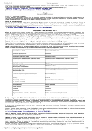 14/2/22, 21:39 Normas Aduaneras
https://www.sunat.gob.pe/legislacion/procedim/normasadua/gja-03.htm 21/23
Las sanciones administrativas de suspensión, cancelación o inhabilitación del presente Decreto Legislativo que se impongan serán impugnadas conforme a la Ley Nº
27444, Ley del Procedimiento Administrativo General.
Las sanciones administrativas de multa del presente Decreto Legislativo que se impongan serán apelables al Tribunal Fiscal. (*) (**)
(*) Artículo modificado por Decreto Legislativo Nº 1122 del 18.07.2012
(**) Artículo modificado por Decreto Legislativo Nº 1235 del 26.09.2015
TÍTULO II
RESOLUCIONES ANTICIPADAS
Artículo 210º.- Resoluciones anticipadas
A solicitud de parte, la Administración Aduanera emite las resoluciones anticipadas relacionadas con la clasificación arancelaria, criterios de valoración aduanera de
mercancías, así como la aplicación de devoluciones, suspensiones y exoneraciones de aranceles aduaneros, la reimportación de mercancías reparadas o alteradas, y
otros, se regularán y emitirán de conformidad con los Tratados o convenios suscritos por el Perú.
Artículo 211. Plazo de resolución
Las Resoluciones Anticipadas son emitidas dentro de los noventa (90) días calendario siguientes a la presentación de la solicitud. De considerarlo necesario, la
Administración Aduanera, puede requerir al interesado la presentación de documentación, muestras y/o información adicional, o la precisión de hechos citados por éste.
Las Resoluciones Anticipadas se emiten sobre la base de los hechos, información y/o documentación proporcionada por el solicitante, y sujetan su trámite al procedimiento
no contencioso previsto en el Código Tributario. (*)
.(*) Artículo modificada por Decreto Legislativo Nº 1433 del 16.9.2018
DISPOSICIONES COMPLEMENTARIAS FINALES
Primera.- El presente Decreto Legislativo entrará en vigor a partir de la vigencia de su Reglamento, con excepción del primer párrafo del literal a) del articulo 150°
relativo a la exigibilidad de la obligación tributaria para el despacho anticipado, que entrará en vigencia a partir del 60avo siguiente a la publicación del presente Decreto
Legislativo en el Diario Oficial el Peruano, y del Artículo 31° que entrará en vigencia al día siguiente de su publicación salvo lo establecido en su literal d).
En el caso del primer párrafo del literal a) del articulo 150° relativo a la exigibilidad de la obligación tributaria para el despacho anticipado, a que se refiere el párrafo
anterior, será aplicable a las declaraciones numeradas a partir de la fecha de su entrada en vigencia.
Mediante Decreto Supremo refrendado por el Ministro de Economía y Finanzas, se aprobará el Reglamento del presente Decreto Legislativo en un plazo que no exceda
los ciento ochenta (180) días de publicado el presente Decreto Legislativo.
Segunda.- En lo no previsto en la presente Ley o el Reglamento se aplicarán supletoriamente las disposiciones del Código Tributario.
Tercera.- Para efectos de lo establecido en el artículo 160° del presente Decreto Legislativo, se aceptarán como garantías las Pólizas de Caución emitidas por empresas
bajo supervisión de la Superintendencia de Banca, Seguros y AFP, siempre que cumplan con los requisitos establecidos en el Reglamento.
Cuarta.- Las denominaciones de los regímenes y operación aduanera contenidas en las normas aduaneras, tributarias y conexas aprobadas con anterioridad a la
presente ley deberán ser correlacionadas con las nuevas denominaciones contenidas en ésta, conforme al siguiente detalle:
Denominaciones nuevas Denominaciones anteriores
Importación para el consumo Importación
Reimportación en el mismo estado Exportación Temporal
Admisión temporal para reexportación en el mismo estado. Importación Temporal para reexportación en el mismo estado
Exportación definitiva Exportación
Exportación temporal para
reimportación en el mismo estado
Exportación Temporal
Admisión temporal para
perfeccionamiento activo.
Admisión temporal para perfeccionamiento activo
Exportación temporal para perfeccionamiento pasivo Exportación Temporal
Drawback Drawback
Reposición de mercancías
con franquicia arancelaria
Reposición de mercancías en franquicia
Depósito aduanero Depósito de aduana
Tránsito aduanero Tránsito
Transbordo Transbordo
Reembarque Reembarque
Regímenes aduaneros especiales o de excepción Destinos aduaneros especiales o de excepción
Quinta.- Los órganos de la Policía Nacional sólo podrán intervenir auxiliarmente en actividades relacionadas con funciones y materia aduaneras, mediante
investigaciones y pesquisas, previo requerimiento y coordinación con las Autoridades Aduaneras; informando a éstas de los resultados de sus acciones.
Sin perjuicio de lo expuesto en el párrafo precedente, la Policía Nacional del Perú, a través de sus unidades especializadas previamente acreditadas y en presencia de la
autoridad aduanera, podrá intervenir en la zona primaria aduanera que no tenga el carácter de restringida, para prevenir, investigar y combatir los delitos, comunicando
inmediatamente los hechos y resultados detectados al Ministerio Público. (*)
El ingreso a zonas restringidas de la zona primaria así como la inspección de carga, contenedores y similares, se efectuara previa coordinación y conjuntamente con la
autoridad aduanera. (*)
Crease un equipo de gestión de riesgo para la lucha contra el tráfico ilícito de drogas conformado por la Policía Nacional del Perú, los Institutos Armados, el Ministerio
Público y la Superintendencia Nacional de Aduanas y Administración Tributaria. (*)
(*) Párrafo incorporado por Decreto Legislativo Nº 1235 del 26.09.2015
Sexta.- El personal de la SUNAT que participe en la intervención, investigación o formulación del documento respectivo por tráfico ilícito de drogas, se encuentra
comprendido en los alcances del artículo 30º del Decreto Legislativo Nº 824.
Sétima.- El Consejo Consultivo en Temas Aduaneros tiene como fin constituir una instancia de diálogo y coordinación ante la Superintendencia Nacional de
Administración Tributaria - SUNAT y los operadores de comercio exterior.
Asimismo, tiene como propósito recoger opiniones e información que permitan maximizar la eficacia operativa del comercio exterior, facilitar el comercio exterior, reducir
costos e incrementar la eficiencia. Se considera que la participación de los operadores de comercio exterior puede contribuir en el proceso de desarrollo con el fin de
asegurar la mejora continua del servicio aduanero.
El Consejo Consultivo en Temas Aduaneros es presidido por la SUNAT y está integrado por los representantes del sector privado que son los operadores de comercio
exterior, un representante del Ministerio de Economía y Finanzas y un representante del Ministerio de Comercio Exterior y Turismo.
 