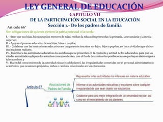 I.- Hacer que sus hijas, hijos o pupilos menores de edad, reciban la educación preescolar, la primaria, la secundaria y la media
superior;
II.- Apoyar el proceso educativo de sus hijas, hijos o pupilos;
III.- Colaborar con las instituciones educativas en las que estén inscritos sus hijas, hijos o pupilos, en las actividades que dichas
instituciones realicen;
IV.- Informar a las autoridades educativas los cambios que se presenten en la conducta y actitud de los educandos, para que las
citadas autoridades apliquen los estudios correspondientes, con el fin de determinar las posibles causas que hayan dado origen a
tales cambios, y
V.- Hacer del conocimiento de la autoridad educativa del plantel, las irregularidades cometidas por el personal administrativo o
académico, que ocasionen perjuicios, daños o cambios emocionales en los educandos.
Son obligaciones de quienes ejercen la patria potestad o la tutela:
Artículo 66°
CAPITULO VII
DE LA PARTICIPACIÓN SOCIAL EN LA EDUCACIÓN
Sección 1.- De los padres de familia
 
