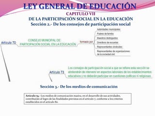 CAPITULO VII
DE LA PARTICIPACIÓN SOCIAL EN LA EDUCACIÓN
Sección 2.- De los consejos de participación social
Sección 3.- De los medios de comunicación
Artículo 74.- Los medios de comunicación masiva, en el desarrollo de sus actividades,
contribuirán al logro de las finalidades previstas en el artículo 7, conforme a los criterios
establecidos en el artículo 8o.
 
