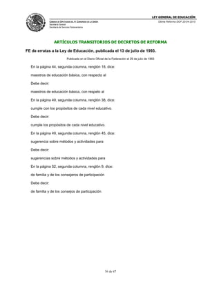 LEY GENERAL DE EDUCACIÓN
CÁMARA DE DIPUTADOS DEL H. CONGRESO DE LA UNIÓN
Secretaría General
Secretaría de Servicios Parlamentarios
Última Reforma DOF 20-04-2015
36 de 67
ARTÍCULOS TRANSITORIOS DE DECRETOS DE REFORMA
FE de erratas a la Ley de Educación, publicada el 13 de julio de 1993.
Publicada en el Diario Oficial de la Federación el 29 de julio de 1993
En la página 44, segunda columna, renglón 18, dice:
maestros de educación básica, con respecto al
Debe decir:
maestros de educación básica, con respeto al
En la página 49, segunda columna, renglón 38, dice:
cumple con los propósitos de cada nivel educativo.
Debe decir:
cumple los propósitos de cada nivel educativo.
En la página 49, segunda columna, renglón 45, dice:
sugerencia sobre métodos y actividades para
Debe decir:
sugerencias sobre métodos y actividades para
En la página 52, segunda columna, renglón 9, dice:
de familia y de los consejeros de participación
Debe decir:
de familia y de los consejos de participación
 