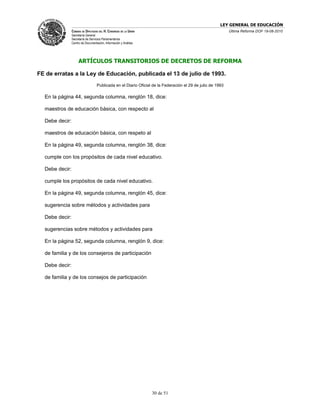 LEY GENERAL DE EDUCACIÓN
                CÁMARA DE DIPUTADOS DEL H. CONGRESO DE LA UNIÓN                                             Última Reforma DOF 19-08-2010
                Secretaría General
                Secretaría de Servicios Parlamentarios
                Centro de Documentación, Información y Análisis




                     ARTÍCULOS TRANSITORIOS DE DECRETOS DE REFORMA

FE de erratas a la Ley de Educación, publicada el 13 de julio de 1993.
                                   Publicada en el Diario Oficial de la Federación el 29 de julio de 1993

  En la página 44, segunda columna, renglón 18, dice:

  maestros de educación básica, con respecto al

  Debe decir:

  maestros de educación básica, con respeto al

  En la página 49, segunda columna, renglón 38, dice:

  cumple con los propósitos de cada nivel educativo.

  Debe decir:

  cumple los propósitos de cada nivel educativo.

  En la página 49, segunda columna, renglón 45, dice:

  sugerencia sobre métodos y actividades para

  Debe decir:

  sugerencias sobre métodos y actividades para

  En la página 52, segunda columna, renglón 9, dice:

  de familia y de los consejeros de participación

  Debe decir:

  de familia y de los consejos de participación




                                                                  30 de 51
 
