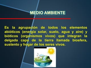 Es la agrupación de todos los elementos
abióticos (energía solar, suelo, agua y aire) y
bióticos (organismos vivos) que integran la
delgada capa de la tierra llamada biosfera,
sustento y hogar de los seres vivos.
 