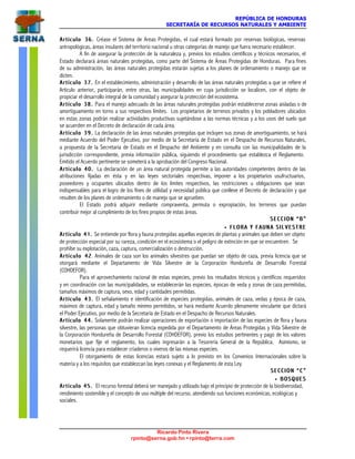 REPÚBLICA DE HONDURAS
SECRETARÍA DE RECURSOS NATURALES Y AMBIENTE
Ricardo Pinto Rivera
rpinto@serna.gob.hn • rpinto@terra.com
Artículo 36.Artículo 36. Créase el Sistema de Areas Protegidas, el cual estará formado por reservas biológicas, reservas
antropológicas, áreas insulares del territorio nacional u otras categorías de manejo que fuera necesario establecer.
A fin de asegurar la protección de la naturaleza y, previos los estudios científicos y técnicos necesarios, el
Estado declarará áreas naturales protegidas, como parte del Sistema de Áreas Protegidas de Honduras. Para fines
de su administración, las áreas naturales protegidas estarán sujetas a los planes de ordenamiento o manejo que se
dicten.
Artículo 37.Artículo 37. En el establecimiento, administración y desarrollo de las áreas naturales protegidas a que se refiere el
Artículo anterior, participarán, entre otras, las municipalidades en cuya jurisdicción se localicen, con el objeto de
propiciar el desarrollo integral de la comunidad y asegurar la protección del ecosistema.
Artículo 38.Artículo 38. Para el manejo adecuado de las áreas naturales protegidas podrán establecerse zonas aisladas o de
amortiguamiento en torno a sus respectivos límites. Los propietarios de terrenos privados y los pobladores ubicados
en estas zonas podrán realizar actividades productivas sujetándose a las normas técnicas y a los usos del suelo que
se acuerden en el Decreto de declaración de cada área.
Artículo 39.Artículo 39. La declaración de las áreas naturales protegidas que incluyen sus zonas de amortiguamiento, se hará
mediante Acuerdo del Poder Ejecutivo, por medio de la Secretaría de Estado en el Despacho de Recursos Naturales,
a propuesta de la Secretaría de Estado en el Despacho del Ambiente y en consulta con las municipalidades de la
jurisdicción correspondiente, previa información pública, siguiendo el procedimiento que establezca el Reglamento.
Emitido el Acuerdo pertinente se someterá a la aprobación del Congreso Nacional.
Artículo 40.Artículo 40. La declaración de un área natural protegida permite a las autoridades competentes dentro de las
atribuciones fijadas en ésta y en las leyes sectoriales respectivas, imponer a los propietarios usufructuarios,
poseedores y ocupantes ubicados dentro de los límites respectivos, las restricciones u obligaciones que sean
indispensables para el logro de los fines de utilidad y necesidad pública que conlleve el Decreto de declaración y que
resulten de los planes de ordenamiento o de manejo que se aprueben.
El Estado podrá adquirir mediante compraventa, permuta o expropiación, los terrenos que puedan
contribuir mejor al cumplimiento de los fines propios de estas áreas.
S E C C I O NS E C C I O N “B”“B”
•• F L O R A Y F A U N A S I L V E S T R EF L O R A Y F A U N A S I L V E S T R E
Artículo 41.Artículo 41. Se entiende por flora y fauna protegidas aquellas especies de plantas y animales que deben ser objeto
de protección especial por su rareza, condición en el ecosistema o el peligro de extinción en que se encuentren. Se
prohíbe su explotación, caza, captura, comercialización o destrucción.
Artículo 42Artículo 42. Animales de caza son los animales silvestres que puedan ser objeto de caza, previa licencia que se
otorgará mediante el Departamento de Vida Silvestre de la Corporación Hondureña de Desarrollo Forestal
(COHDEFOR).
Para el aprovechamiento racional de estas especies, previo los resultados técnicos y científicos requeridos
y en coordinación con las municipalidades, se establecerán las especies, épocas de veda y zonas de caza permitidas,
tamaños máximos de captura, sexo, edad y cantidades permitidas.
Artículo 43.Artículo 43. El señalamiento e identificación de especies protegidas, animales de caza, vedas y época de caza,
máximos de captura, edad y tamaño mínimo permitidos, se hará mediante Acuerdo plenamente vinculante que dictará
el Poder Ejecutivo, por medio de la Secretaría de Estado en el Despacho de Recursos Naturales.
Artículo 44.Artículo 44. Solamente podrán realizar operaciones de exportación o importación de las especies de flora y fauna
silvestre, las personas que obtuvieran licencia expedida por el Departamento de Áreas Protegidas y Vida Silvestre de
la Corporación Hondureña de Desarrollo Forestal (COHDEFOR), previo los estudios pertinentes y pago de los valores
monetarios que fije el reglamento, los cuales ingresarán a la Tesorería General de la República. Asimismo, se
requerirá licencia para establecer criaderos o viveros de las mismas especies.
El otorgamiento de estas licencias estará sujeto a lo previsto en los Convenios Internacionales sobre la
materia y a los requisitos que establezcan las leyes conexas y el Reglamento de esta Ley.
SECCION “C”SECCION “C”
•• BOSQUESBOSQUES
Artículo 45.Artículo 45. El recurso forestal deberá ser manejado y utilizado bajo el principio de protección de la biodiversidad,
rendimiento sostenible y el concepto de uso múltiple del recurso, atendiendo sus funciones económicas, ecológicas y
sociales.
 