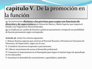capítulo V. De la promoción en 
la función 
34. las promociones distintas a las previstas para cargos con funciones de 
dirección y de supervisión en la Educación Básica y Media Superior que imparta el 
Estado y sus Organismos Descentralizados. 
35. no implicará un cambio de función y podrá ser permanente o temporal con posibilidad 
de hacerse permanente según corresponda: 
Artículo 36. incluir los criterios siguientes: 
I. Abarcar diversos aspectos que motiven al Personal Docente o Personal con Funciones de 
Dirección y de Supervisión, según sea el caso; 
II. Considerar Incentivos temporales o permanentes; 
III. Ofrecer mecanismos de acceso al desarrollo profesional; 
IV. Fomentar el mejoramiento en el desempeño para lograr el máximo logro de aprendizaje 
en los educandos; 
V. Garantizar la idoneidad de conocimientos, capacidades y aptitudes. 
 