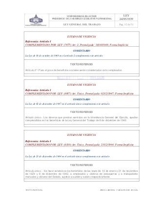 VICEPRESIDENCIA DEL ESTADO
PRESIDENCIA DE LA ASAMBLEA LEGISLATIVA PLURINACIONAL
LEY
24/05/1939
LEY GENERAL DEL TRABAJO Pag. 12 de 51
TEXTO INOFICIAL. ÀREA LABORAL Y SEGURIDAD SOCIAL
ESTADO DE VIGENCIA
Referencia: Artículo 1
COMPLEMENTADO POR: LEY (7077) Art. 2, Promulgada: 16/10/1948; Forma Implícita
COMENTARIO
La Ley de 16 de octubre de 1948 en el artículo 2 complementa este artículo.
TEXTO REFERIDO
Artículo 2°- Para el goce de beneficios sociales serán considerados como empleados.
>>>>AREA: LABORAL; INGRESADO: Z.V.R. - 13/05/10 22:06; ULT. ACT.:Z.V.R. - 13/05/10 22:06[14/05/10 00:35][Z.V.R.]<<<<
ESTADO DE VIGENCIA
Referencia: Artículo 1
COMPLEMENTADO POR: LEY (6957) Art. Único, Promulgada: 02/12/1947; Forma Implícita
COMENTARIO
La Ley de 02 de diciembre de 1947 en el artículo único complementa este artículo.
TEXTO REFERIDO
Articulo único.- Los obreros que prestan servicios en la Intendencia General del Ejercito, quedan
comprendidos en los beneficios de la Ley General del Trabajo de 8 de diciembre de 1942.
>>>>AREA: LABORAL; INGRESADO: Z.V.R. - 13/05/10 21:53; ULT. ACT.:Z.V.R. - 13/05/10 21:53[14/05/10 00:36][Z.V.R.]<<<<
ESTADO DE VIGENCIA
Referencia: Artículo 1
COMPLEMENTADO POR: LEY (6310) Art. Único, Promulgada: 23/12/1944; Forma Implícita
COMENTARIO
La Ley de 23 de diciembre de 1944 en el artículo único complementa este artículo.
TEXTO REFERIDO
Artículo único. - Se hace extensivos los beneficios de las leyes de 19 de enero y 21 de noviembre
de 1924 y 8 de diciembre de 1942, a empleados y obreros de peluquerías y a trabajadores
manuales y obreros del Estado, sujetos a sueldo y salario respectivamente.
>>>>AREA: LABORAL; INGRESADO: Z.V.R. - 13/05/10 21:43; ULT. ACT.:Z.V.R. - 13/05/10 21:43[14/05/10 00:37][Z.V.R.]<<<<
 