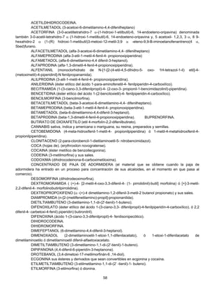 ACETILDIHIDROCODEINA. 
ACETILMETADOL (3-acetoxi-6-dimetilamino-4,4-difenilheptano) 
ACETORFINA (3-0-acetiltetrahidro-7 α-(1-hidroxi-1-etilbutil)-6, 14-endoeteno-oripavina) denominada 
también 3-0-acetil-tetrahidro-7 α (1-hidroxi-1-metilbutil)-6, 14-endoeteno-oripavina y, 5 acetoxil- 1,2,3, 3 α, 8 9- 
hexahidro-2 α (1-(R) hidroxi-1-metibutil)3-metoxi-12-metil-3;9 α -eteno-9,9-B-iminoetanofenantreno(4 α, 
5bed)furano. 
ALFACETILMETADOL (alfa-3-acetoxi-6-dimetilamino-4,4- difenilheptano) 
ALFAMEPRODINA (alfa-3-etil-1-metil-4-fenil-4- propionoxipiperidina) 
ALFAMETADOL (alfa-6-dimetilamino-4,4 difenil-3-heptanol). 
ALFAPRODINA (alfa-1,3-dimetil-4-fenil-4-propionoxipiperidina). 
ALFENTANIL (monoclorhidrato de N-[1-[2-(4-etil-4,5-dihidro-5- oxo- 1H-tetrazol-1-il) etil]-4- 
58 
(metoximetil)-4-piperidinil]-N fenilpropanamida). 
ALILPRODINA (3-alil-1-metil-4-fenil-4- propionoxipiperidina). 
ANILERIDINA (éster etílico del ácido 1-para-aminofenetil-4- fenilpiperidin-4-carboxilíco). 
BECITRAMIDA (1-(3-ciano-3,3-difenilpropil)-4- (2-oxo-3- propionil-1-bencimidazolinil)-piperidina). 
BENCETIDINA (éster etílico del ácido 1-(2-benciloxietil)-4- fenilpiperidin-4-carboxílico). 
BENCILMORFINA (3-bencilmorfina). 
BETACETILMETADOL (beta-3-acetoxi-6-dimetilamino-4,4- difenilheptano). 
BETAMEPRODINA (beta-3-etil-1-metil-4-fenil-4- propionoxipiperidina). 
BETAMETADOL (beta-6-dimetilamino-4,4-difenil-3-heptanol). 
BETAPRODINA (beta-1,3-dimetil-4-fenil-4-propionoxipiperidina). BUPRENORFINA. 
BUTIRATO DE DIOXAFETILO (etil 4-morfolín-2,2-difenilbutirato). 
CANNABIS sativa, índica y americana o mariguana, su resina, preparados y semillas. 
CETOBEMIDONA (4-meta-hidroxifenil-1-metil-4- propionilpiperidina) ó 1-metil-4-metahidroxifenil-4- 
propionilpiperidina). 
CLONITACENO (2-para-clorobencil-1-dietilaminoetil-5- nitrobencimidazol). 
COCA (hojas de). (erythroxilon novogratense). 
COCAINA (éster metílico de benzoilecgonina). 
CODEINA (3-metilmorfina) y sus sales. 
CODOXIMA (dihidrocodeinona-6-carboximetiloxima). 
CONCENTRADO DE PAJA DE ADORMIDERA (el material que se obtiene cuando la paja de 
adormidera ha entrado en un proceso para concentración de sus alcaloides, en el momento en que pasa al 
comercio). 
DESOMORFINA (dihidrodeoximorfina). 
DEXTROMORAMIDA ( (+)-4- [2-metil-4-oxo-3,3-difenil-4- (1- pirrolidinil)-butil] morfolina) ó [+]-3-metil- 
2,2-difenil-4- morfolinobutirilpirrolidina). 
DEXTROPROPOXIFENO (α -(+)-4 dimetilamino-1,2-difenil-3-metil-2 butanol propionato) y sus sales. 
DIAMPROMIDA (n-[2-(metilfenetilamino)-propil]-propionanilida). 
DIETILTIAMBUTENO (3-dietilamino-1,1-di-(2'-tienil)-1-buteno). 
DIFENOXILATO (éster etílico del ácido 1-(3-ciano-3,3- difenilpropil)-4-fenilpiperidín-4-carboxílico), ó 2,2 
difenil-4- carbetoxi-4-fenil) piperidin) butironitril). 
DIFENOXINA (ácido 1-(3-ciano-3,3-difenilpropil)-4- fenilisonipecótico). 
DIHIDROCODEINA. 
DIHIDROMORFINA. 
DIMEFEPTANOL (6-dimetilamino-4,4-difenil-3-heptanol). 
DIMENOXADOL (2-dimetilaminoetil-1-etoxi-1,1-difenilacetato), ó 1-etoxi-1-difenilacetato de 
dimetilaminoetilo ó dimetilaminoetil difenil-alfaetoxiacetato. 
DIMETILTIAMBUTENO (3-dimetilamino-1,1-di-(2'-tienil)-1-buteno). 
DIPIPANONA (4,4-difenil-6-piperidín-3-heptanona). 
DROTEBANOL (3,4-dimetoxi-17-metilmorfinán-6 ,14-diol). 
ECGONINA sus ésteres y derivados que sean convertibles en ecgonina y cocaína. 
ETILMETILTIAMBUTENO (3-etilmetilamino-1,1-di-(2’ -tienil)-1- buteno). 
ETILMORFINA (3-etilmorfina) ó dionina. 
 