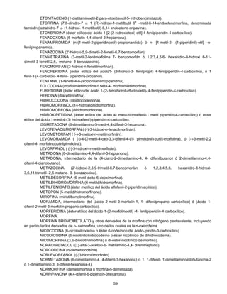 ETONITACENO (1-dietilaminoetil-2-para-etoxibencil-5- nitrobencimidazol). 
ETORFINA (7,8-dihidro-7 α 1 (R)-hidroxi-1-metilbutil 06 -metil-6-14-endoetenomorfina, denominada 
también (tetrahidro-7 α- (1-hidroxi- 1-metilbutil)-6,14 endoeteno-oripavina). 
ETOXERIDINA (éster etílico del ácido 1-[2-(2-hidroxietoxi) etil]-4-fenilpiperidín-4-carboxílico). 
FENADOXONA (6-morfolín-4,4-difenil-3-heptanona). 
FENAMPROMIDA (n-(1-metil-2-piperidinoetil)-propionanilida) ó n- [1-metil-2- (1-piperidinil)-etil] -n-fenilpropanamida. 
FENAZOCINA (2'-hidroxi-5,9-dimetil-2-fenetil-6,7-benzomorfán). 
FENMETRAZINA (3-metil-2-fenilmorfolina 7- benzomorfán ó 1,2,3,4,5,6- hexahidro-8-hidroxi 6-11- 
59 
dimetil-3-fenetil-2,6, -metano- 3-benzazocina). 
FENOMORFAN (3-hidroxi-n-fenetilmorfinán). 
FENOPERIDINA (éster etílico del ácido1- (3-hidroxi-3- fenilpropil) 4-fenilpiperidín-4-carboxílico, ó 1 
fenil-3 (4-carbetoxi- 4-fenil- piperidín)-propanol). 
FENTANIL (1-fenetil-4-n-propionilanilinopiperidina). 
FOLCODINA (morfoliniletilmorfina ó beta-4- morfoliniletilmorfina). 
FURETIDINA (éster etílico del ácido 1-(2- tetrahidrofurfuriloxietil)- 4-fenilpiperidín-4-carboxílico). 
HEROINA (diacetilmorfina). 
HIDROCODONA (dihidrocodeinona). 
HIDROMORFINOL (14-hidroxidihidromorfina). 
HIDROMORFONA (dihidromorfinona). 
HIDROXIPETIDINA (éster etílico del ácido 4- meta-hidroxifenil-1 metil piperidín-4-carboxílico) ó éster 
etílico del ácido 1-metil-4-(3- hidroxifenil)-piperidín-4-carboxílico. 
ISOMETADONA (6-dimetilamino-5-metil-4,4-difenil-3-hexanona). 
LEVOFENACILMORFAN ( (-)-3-hidroxi-n-fenacilmorfinán). 
LEVOMETORFAN ( (-)-3-metoxi-n-metilmorfinán). 
LEVOMORAMIDA ( (-)-4-[2-metil-4-oxo-3,3-difenil-4-(1- pirrolidinil)-butil]-morfolina), ó (-)-3-metil-2,2 
difenil-4- morfolinobutirilpirrolidina). 
LEVORFANOL ( (-)-3-hidroxi-n-metilmorfinán). 
METADONA (6-dimetilamino-4,4-difenil-3-heptanona). 
METADONA, intermediario de la (4-ciano-2-dimetilamino-4, 4- difenilbutano) ó 2-dimetilamino-4,4- 
difenil-4-cianobutano). 
METAZOCINA (2'-hidroxi-2,5,9-trimetil-6,7-benzomorfán ó 1,2,3,4,5,6, hexahidro-8-hidroxi- 
3,6,11,trimetil- 2,6-metano- 3- benzazocina). 
METILDESORFINA (6-metil-delta-6-deoximorfina). 
METILDIHIDROMORFINA (6-metildihidromorfina). 
METILFENIDATO (éster metílico del ácido alfafenil-2-piperidín acético). 
METOPON (5-metildihidromorfinona). 
MIROFINA (miristilbencilmorfina). 
MORAMIDA, intermediario del (ácido 2-metil-3-morfolín-1, 1- difenilpropano carboxílico) ó (ácido 1- 
difenil-2-metil-3-morfolín propano carboxílico). 
MORFERIDINA (éster etílico del ácido 1-(2-morfolinoetil) -4- fenilpiperidín-4-carboxílico). 
MORFINA. 
MORFINA BROMOMETILATO y otros derivados de la morfina con nitrógeno pentavalente, incluyendo 
en particular los derivados de n- oximorfina, uno de los cuales es la n-oxicodeína. 
NICOCODINA (6-nicotinilcodeína o éster 6-codeínico del ácido- piridín-3-carboxílico). 
NICODICODINA (6-nicotinildihidrocodeína o éster nicotínico de dihidrocodeína). 
NICOMORFINA (3,6-dinicotinilmorfina) ó di-éster-nicotínico de morfina). 
NORACIMETADOL ((±)-alfa-3-acetoxi-6- metilamino-4,4- difenilheptano). 
NORCODEINA (n-demetilcodeína). 
NORLEVORFANOL ((-)3-hidroximorfinán). 
NORMETADONA (6-dimetilamino-4, 4-difenil-3-hexanona) o 1, 1-difenil- 1-dimetilaminoetil-butanona-2 
ó 1-dimetilamino 3, 3-difenil-hexanona-4). 
NORMORFINA (demetilmorfina o morfina-n-demetilada). 
NORPIPANONA (4,4-difenil-6-piperidín-3hexanona). 
 