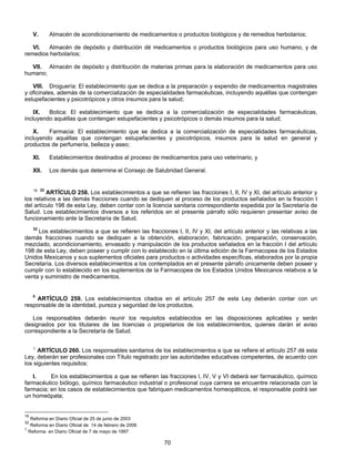 V. Almacén de acondicionamiento de medicamentos o productos biológicos y de remedios herbolarios; 
VI. Almacén de depósito y distribución dé medicamentos o productos biológicos para uso humano, y de 
70 
remedios herbolarios; 
VII. Almacén de depósito y distribución de materias primas para la elaboración de medicamentos para uso 
humano; 
VIII. Droguería: El establecimiento que se dedica a la preparación y expendio de medicamentos magistrales 
y oficinales, además de la comercialización de especialidades farmacéuticas, incluyendo aquéllas que contengan 
estupefacientes y psicotrópicos y otros insumos para la salud; 
IX. Botica: El establecimiento que se dedica a la comercialización de especialidades farmacéuticas, 
incluyendo aquéllas que contengan estupefacientes y psicotrópicos o demás insumos para la salud; 
X. Farmacia: El establecimiento que se dedica a la comercialización de especialidades farmacéuticas, 
incluyendo aquéllas que contengan estupefacientes y psicotrópicos, insumos para la salud en general y 
productos de perfumería, belleza y aseo; 
XI. Establecimientos destinados al proceso de medicamentos para uso veterinario, y 
XII. Los demás que determine el Consejo de Salubridad General. 
16 32 ARTÍCULO 258. Los establecimientos a que se refieren las fracciones I, II, IV y XI, del artículo anterior y 
los relativos a las demás fracciones cuando se dediquen al proceso de los productos señalados en la fracción I 
del artículo 198 de esta Ley, deben contar con la licencia sanitaria correspondiente expedida por la Secretaría de 
Salud. Los establecimientos diversos a los referidos en el presente párrafo sólo requieren presentar aviso de 
funcionamiento ante la Secretaría de Salud. 
32 Los establecimientos a que se refieren las fracciones I, II, IV y XI, del artículo anterior y las relativas a las 
demás fracciones cuando se dediquen a la obtención, elaboración, fabricación, preparación, conservación, 
mezclado, acondicionamiento, envasado y manipulación de los productos señalados en la fracción I del artículo 
198 de esta Ley, deben poseer y cumplir con lo establecido en la última edición de la Farmacopea de los Estados 
Unidos Mexicanos y sus suplementos oficiales para productos o actividades específicas, elaborados por la propia 
Secretaría. Los diversos establecimientos a los contemplados en el presente párrafo únicamente deben poseer y 
cumplir con lo establecido en los suplementos de la Farmacopea de los Estados Unidos Mexicanos relativos a la 
venta y suministro de medicamentos. 
5 ARTÍCULO 259. Los establecimientos citados en el artículo 257 de esta Ley deberán contar con un 
responsable de la identidad, pureza y seguridad de los productos. 
Los responsables deberán reunir los requisitos establecidos en las disposiciones aplicables y serán 
designados por los titulares de las licencias o propietarios de los establecimientos, quienes darán el aviso 
correspondiente a la Secretaría de Salud. 
5 ARTÍCULO 260. Los responsables sanitarios de los establecimientos a que se refiere el artículo 257 dé esta 
Ley, deberán ser profesionales con Título registrado por las autoridades educativas competentes, de acuerdo con 
los siguientes requisitos: 
l. En los establecimientos a que se refieren las fracciones l, IV, V y VI deberá ser farmacéutico, químico 
farmacéutico biólogo, químico farmacéutico industrial o profesional cuya carrera se encuentre relacionada con la 
farmacia; en los casos de establecimientos que fabriquen medicamentos homeopáticos, el responsable podrá ser 
un homeópata; 
16 Reforma en Diario Oficial de 25 de junio de 2003 
32 Reforma en Diario Oficial de 14 de febrero de 2006 
5 Reforma en Diario Oficial de 7 de mayo de 1997 
 