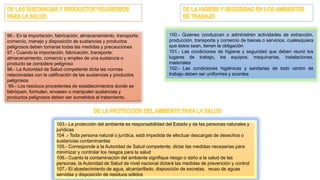 96.- En la importación, fabricación, almacenamiento, transporte,
comercio, manejo y disposición de sustancias y productos
peligrosos deben tomarse todas las medidas y precauciones
97.- Cuando la importación, fabricación, transporte,
almacenamiento, comercio y empleo de una sustancia o
producto se considere peligroso
98.- La Autoridad de Salud competente dicta las normas
relacionadas con la calificación de las sustancias y productos
peligrosos
99.- Los residuos procedentes de establecimientos donde se
fabriquen, formulen, envasen o manipulen sustancias y
productos peligrosos deben ser sometidos al tratamiento.
100.- Quienes conduzcan o administren actividades de extracción,
producción, transporte y comercio de bienes o servicios, cualesquiera
que éstos sean, tienen la obligación
101.- Las condiciones de higiene y seguridad que deben reunir los
lugares de trabajo, los equipos, maquinarias, instalaciones,
materiales
102.- Las condiciones higiénicas y sanitarias de todo centro de
trabajo deben ser uniformes y acordes
103.- La protección del ambiente es responsabilidad del Estado y de las personas naturales y
jurídicas
104 .- Toda persona natural o jurídica, está impedida de efectuar descargas de desechos o
sustancias contaminantes
105.- Corresponde a la Autoridad de Salud competente, dictar las medidas necesarias para
minimizar y controlar los riesgos para la salud
106.- Cuanto la contaminación del ambiente signifique riesgo o daño a la salud de las
personas, la Autoridad de Salud de nivel nacional dictará las medidas de prevención y control
107.- El abastecimiento de agua, alcantarillado, disposición de excretas, reuso de aguas
servidas y disposición de residuos sólidos
 