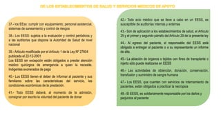 37.- los EEss: cumplir con equipamiento, personal asistencial,
sistemas de saneamiento y control de riesgos
38.- Los EESS: sujetos a la evaluación y control periódicos y
a las auditorías que dispone la Autoridad de Salud de nivel
nacional
39.- Artículo modificado por el Artículo 1 de la Ley Nº 27604
publicada el 22-12-2001
Los EESS sin excepción están obligados a prestar atención
médico quirúrgica de emergencia a quien la necesite.
Indigentes exonerados de pago
40.- Los EESS tienen el deber de informar al paciente y sus
familiares sobre las características del servicio, las
condiciones económicas de la prestación.
41.- Todo EESS deberá, al momento de la admisión,
consignar por escrito la voluntad del paciente de donar
42.- Todo acto médico que se lleve a cabo en un EESS, es
susceptible de auditorías internas y externas
43.- Son de aplicación a los establecimientos de salud, el Artículo
25 y el primer y segundo párrafo del Artículo 29 de la presente ley
44.- Al egreso del paciente, el responsable del EESS está
obligado a entregar al paciente o a su representante un informe
de alta.
45.- La ablación de órganos o tejidos con fines de transplante o
injerto sólo puede realizarse en EESS
46.- Las actividades de obtención, donación, conservación,
transfusión y suministro de sangre humana
47.- Los EESS, que cuenten con servicios de internamiento de
pacientes, están obligados a practicar la necropsia
48.- El EESS, es solidariamente responsable por los daños y
perjuicios al paciente
 