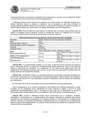 LEY GENERAL DE SALUD
CÁMARA DE DIPUTADOS DEL H. CONGRESO DE LA UNIÓN
Secretaría General
Secretaría de Servicios Parlamentarios
Últimas Reformas DOF 10-05-2016
154 de 263
ministerial informará al consumidor la ubicación de las instituciones o centros para el tratamiento médico
o de orientación para la prevención de la farmacodependencia.
El Ministerio Público hará reporte del no ejercicio de la acción penal a la autoridad sanitaria de la
entidad federativa donde se adopte la resolución con el propósito de que ésta promueva la
correspondiente orientación médica o de prevención. La información recibida por la autoridad sanitaria no
deberá hacerse pública pero podrá usarse, sin señalar identidades, para fines estadísticos.
Artículo 479.- Para los efectos de este capítulo se entiende que el narcótico está destinado para su
estricto e inmediato consumo personal, cuando la cantidad del mismo, en cualquiera de sus formas,
derivados o preparaciones no exceda de las previstas en el listado siguiente:
Tabla de Orientación de Dosis Máximas de Consumo Personal e Inmediato
Narcótico Dosis máxima de consumo personal e inmediato
Opio 2 gr.
Diacetilmorfina o Heroína 50 mg.
Cannabis Sativa, Indica o Mariguana 5 gr.
Cocaína 500 mg.
Lisergida (LSD) 0.015 mg.
MDA,
Metilendioxianfetamina
Polvo, granulado o cristal Tabletas o cápsulas
40 mg.
Una unidad con peso no mayor a
200 mg.
MDMA, dl-34-metilendioxi-n-
dimetilfeniletilamina
40 mg.
Una unidad con peso no mayor a
200 mg.
Metanfetamina 40 mg.
Una unidad con peso no mayor a
200 mg.
Artículo 480.- Los procedimientos penales y, en su caso, la ejecución de las sanciones por delitos a
que se refiere este capítulo, se regirán por las disposiciones locales respectivas, salvo en los casos del
destino y destrucción de narcóticos y la clasificación de los delitos como graves para fines del
otorgamiento de la libertad provisional bajo caución, en los cuales se observarán las disposiciones del
Código Federal de Procedimientos Penales.
Artículo 481.- El Ministerio Público o la autoridad judicial del conocimiento, tan pronto identifique que
una persona relacionada con un procedimiento es farmacodependiente, deberá informar de inmediato y,
en su caso, dar intervención a las autoridades sanitarias competentes, para los efectos del tratamiento
que corresponda.
En todo centro de reclusión se prestarán servicios de rehabilitación al farmacodependiente.
Para el otorgamiento de la condena condicional o del beneficio de la libertad preparatoria, cuando
procedan, no se considerará como antecedente de mala conducta el relativo a que se le haya
considerado farmacodependiente, pero sí se exigirá en todo caso que el sentenciado se someta al
tratamiento médico correspondiente para su rehabilitación, bajo vigilancia de la autoridad ejecutora.
Artículo 482.- Cuando el Ministerio Público tenga conocimiento que el propietario, poseedor,
arrendatario o usufructuario de un establecimiento de cualquier naturaleza lo empleare para realizar
cualquiera de las conductas sancionadas en el presente capítulo o que permitiere su realización por
terceros, informará a la autoridad administrativa competente para que, en ejercicio de sus atribuciones,
realice la clausura del establecimiento, sin perjuicio de las sanciones que resulten por la aplicación de los
ordenamientos correspondientes.
 