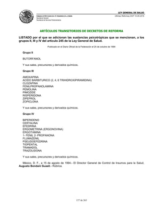 LEY GENERAL DE SALUD
CÁMARA DE DIPUTADOS DEL H. CONGRESO DE LA UNIÓN
Secretaría General
Secretaría de Servicios Parlamentarios
Últimas Reformas DOF 10-05-2016
157 de 263
ARTÍCULOS TRANSITORIOS DE DECRETOS DE REFORMA
LISTADO por el que se adicionan las sustancias psicotrópicas que se mencionan, a los
grupos II, III y IV del artículo 245 de la Ley General de Salud.
Publicado en el Diario Oficial de la Federación el 24 de octubre de 1994
Grupo II
BUTORFANOL
Y sus sales, precursores y derivados químicos.
Grupo III
AMOXAPINA
ACIDO BARBITURICO (2, 4, 6 TRIHIDROXIPIRAMIDINA)
CLOZAPINA
FENILPROPANOLAMINA
PEMOLINA
PIMOZIDE
RISPERIDONA
ZIPEPROL
ZOPICLONA
Y sus sales, precursores y derivados químicos.
Grupo IV
BIPERIDENO
CERTALINA
EFEDRINA
ERGOMETRINA (ERGONOVINA)
ERGOTAMINA
1- FENIL 2- PROPANONA
FLUMAZENIL
PSEUDOEFEDRINA
TIOPENTAL
TRAMADOL
TRAZOLIDONA
Y sus sales, precursores y derivados químicos.
México, D. F., a 15 de agosto de 1994.- El Director General de Control de Insumos para la Salud,
Augusto Bondani Guasti.- Rúbrica.
 