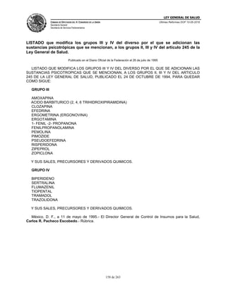 LEY GENERAL DE SALUD
CÁMARA DE DIPUTADOS DEL H. CONGRESO DE LA UNIÓN
Secretaría General
Secretaría de Servicios Parlamentarios
Últimas Reformas DOF 10-05-2016
158 de 263
LISTADO que modifica los grupos III y IV del diverso por el que se adicionan las
sustancias psicotrópicas que se mencionan, a los grupos II, III y IV del artículo 245 de la
Ley General de Salud.
Publicado en el Diario Oficial de la Federación el 26 de julio de 1995
LISTADO QUE MODIFICA LOS GRUPOS III Y IV DEL DIVERSO POR EL QUE SE ADICIONAN LAS
SUSTANCIAS PSICOTROPICAS QUE SE MENCIONAN, A LOS GRUPOS II, III Y IV DEL ARTICULO
245 DE LA LEY GENERAL DE SALUD, PUBLICADO EL 24 DE OCTUBRE DE 1994, PARA QUEDAR
COMO SIGUE:
GRUPO III
AMOXAPINA
ACIDO BARBITURICO (2, 4, 6 TRIHIDROXIPIRAMIDINA)
CLOZAPINA
EFEDRINA
ERGOMETRINA (ERGONOVINA)
ERGOTAMINA
1- FENIL -2- PROPANONA
FENILPROPANOLAMINA
PEMOLINA
PIMOZIDE
PSEUDOEFEDRINA
RISPERIDONA
ZIPEPROL
ZOPICLONA
Y SUS SALES, PRECURSORES Y DERIVADOS QUIMICOS.
GRUPO IV
BIPERIDENO
SERTRALINA
FLUMAZENIL
TIOPENTAL
TRAMADOL
TRAZOLIDONA
Y SUS SALES, PRECURSORES Y DERIVADOS QUIMICOS.
México, D. F., a 11 de mayo de 1995.- El Director General de Control de Insumos para la Salud,
Carlos R. Pacheco Escobedo.- Rúbrica.
 