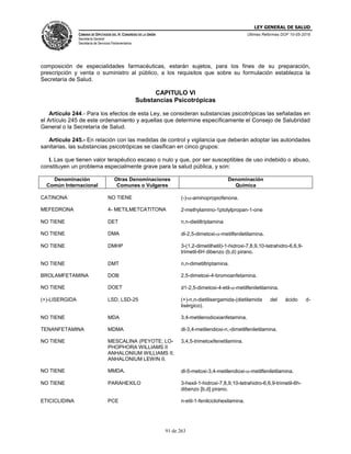 LEY GENERAL DE SALUD
CÁMARA DE DIPUTADOS DEL H. CONGRESO DE LA UNIÓN
Secretaría General
Secretaría de Servicios Parlamentarios
Últimas Reformas DOF 10-05-2016
91 de 263
composición de especialidades farmacéuticas, estarán sujetos, para los fines de su preparación,
prescripción y venta o suministro al público, a los requisitos que sobre su formulación establezca la
Secretaría de Salud.
CAPITULO VI
Substancias Psicotrópicas
Artículo 244.- Para los efectos de esta Ley, se consideran substancias psicotrópicas las señaladas en
el Artículo 245 de este ordenamiento y aquellas que determine específicamente el Consejo de Salubridad
General o la Secretaría de Salud.
Artículo 245.- En relación con las medidas de control y vigilancia que deberán adoptar las autoridades
sanitarias, las substancias psicotrópicas se clasifican en cinco grupos:
I. Las que tienen valor terapéutico escaso o nulo y que, por ser susceptibles de uso indebido o abuso,
constituyen un problema especialmente grave para la salud pública, y son:
Denominación
Común Internacional
Otras Denominaciones
Comunes o Vulgares
Denominación
Química
CATINONA
MEFEDRONA
NO TIENE
4- METILMETCATITONA
(-)--aminopropiofenona.
2-methylamino-1ptolylpropan-1-one
NO TIENE DET n,n-dietiltriptamina
NO TIENE DMA dl-2,5-dimetoxi--metilfeniletilamina.
NO TIENE DMHP 3-(1,2-dimetilhetil)-1-hidroxi-7,8,9,10-tetrahidro-6,6,9-
trimetil-6H dibenzo (b,d) pirano.
NO TIENE DMT n,n-dimetiltriptamina.
BROLAMFETAMINA DOB 2,5-dimetoxi-4-bromoanfetamina.
NO TIENE DOET d1-2,5-dimetoxi-4-etil--metilfeniletilamina.
(+)-LISERGIDA LSD, LSD-25 (+)-n,n-dietilisergamida-(dietilamida del ácido d-
lisérgico).
NO TIENE MDA 3,4-metilenodioxianfetamina.
TENANFETAMINA MDMA dl-3,4-metilendioxi-n,-dimetilfeniletilamina.
NO TIENE MESCALINA (PEYOTE; LO-
PHOPHORA WILLIAMS II
ANHALONIUM WILLIAMS II;
ANHALONIUM LEWIN II.
3,4,5-trimetoxifenetilamina.
NO TIENE MMDA. dl-5-metoxi-3,4-metilendioxi--metilfeniletilamina.
NO TIENE PARAHEXILO 3-hexil-1-hidroxi-7,8,9,10-tetrahidro-6,6,9-trimetil-6h-
dibenzo [b,d] pirano.
ETICICLIDINA PCE n-etil-1-fenilciclohexilamina.
 