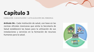Capítulo 3
Artículo 94.- Cada institución de salud, con base en las
normas oficiales mexicanas que emita la Secretaría de
Salud establecerá las bases para la utilización de sus
instalaciones y servicios en la formación de recursos
humanos para la salud.
FORMACIÓN, CAPACITACIÓN Y ACTUALIZACIÓN DEL PERSONAL
 