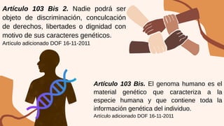 Artículo 103 Bis 2. Nadie podrá ser
objeto de discriminación, conculcación
de derechos, libertades o dignidad con
motivo de sus caracteres genéticos.
Artículo adicionado DOF 16-11-2011
Artículo 103 Bis. El genoma humano es el
material genético que caracteriza a la
especie humana y que contiene toda la
información genética del individuo.
Artículo adicionado DOF 16-11-2011
 