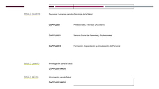 TITULO CUARTO Recursos Humanos para los Servicios de la Salud
CAPITULO I Profesionales, Técnicos yAuxiliares
CAPITULO II Servicio Social de Pasantes y Profesionales
CAPITULO III Formación, Capacitación y Actualización delPersonal
TITULO QUINTO Investigación para la Salud
CAPITULO UNICO
TITULO SEXTO Información para la Salud
CAPITULO UNICO
 