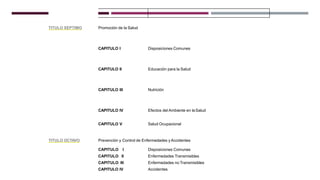 TITULO SEPTIMO Promoción de la Salud
CAPITULO I Disposiciones Comunes
CAPITULO II Educación para la Salud
CAPITULO III Nutrición
CAPITULO IV Efectos del Ambiente en laSalud
CAPITULO V Salud Ocupacional
TITULO OCTAVO Prevención y Control de Enfermedades yAccidentes
CAPITULO I
CAPITULO II
CAPITULO III
CAPITULO IV
Disposiciones Comunes
Enfermedades Transmisibles
Enfermedades noTransmisibles
Accidentes
 