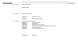 TITULO PRIMERO Disposiciones Generales
CAPITULO UNICO
TITULO SEGUNDO Sistema Nacional de Salud
CAPITULO I Disposiciones Comunes
TITULO TERCERO
CAPITULO II Distribución de Competencias
Prestación de los Servicios de Salud
CAPITULO I
CAPITULO II
CAPITULO III
CAPITULO IV
CAPITULO V
CAPITULO VI
Disposiciones Comunes
Atención Médica
Prestadores de Servicios de Salud
Usuarios de los Servicios de Salud y Participación de la Comunidad
Atención Materno-Infantil
Servicios de Planificación Familiar
CAPITULO VII Salud Mental
 