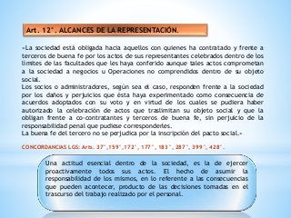 Art. 12°. ALCANCES DE LA REPRESENTACIÓN.
«La sociedad está obligada hacia aquellos con quienes ha contratado y frente a
terceros de buena fe por los actos de sus representantes celebrados dentro de los
límites de las facultades que les haya conferido aunque tales actos comprometan
a la sociedad a negocios u Operaciones no comprendidos dentro de su objeto
social.
Los socios o administradores, según sea el caso, responden frente a la sociedad
por los daños y perjuicios que ésta haya experimentado como consecuencia de
acuerdos adoptados con su voto y en virtud de los cuales se pudiera haber
autorizado la celebración de actos que traslimitan su objeto social y que la
obligan frente a co-contratantes y terceros de buena fe, sin perjuicio de la
responsabilidad penal que pudiese corresponderles.
La buena fe del tercero no se perjudica por la inscripción del pacto social.»
CONCORDANCIAS LGS: Arts. 37°,159°,172°, 177°, 183°, 287°, 399°, 428°.
Una actitud esencial dentro de la sociedad, es la de ejercer
proactivamente todos sus actos. El hecho de asumir la
responsabilidad de los mismos, en lo referente a las consecuencias
que pueden acontecer, producto de las decisiones tomadas en el
trascurso del trabajo realizado por el personal.
.
 