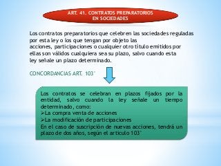 ART. 41. CONTRATOS PREPARATORIOS
EN SOCIEDADES
Los contratos preparatorios que celebren las sociedades reguladas
por esta ley o los que tengan por objeto las
acciones, participaciones o cualquier otro título emitidos por
ellas son válidos cualquiera sea su plazo, salvo cuando esta
ley señale un plazo determinado.
CONCORDANCIAS ART. 103°
Los contratos se celebran en plazos fijados por la
entidad, salvo cuando la ley señale un tiempo
determinado, como:
La compra venta de acciones
La modificación de participaciones
En el caso de suscripción de nuevas acciones, tendrá un
plazo de dos años, según el articulo 103°
 