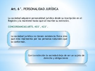 Art. 6°. PERSONALIDAD JURÍDICA
La sociedad adquiere personalidad jurídica desde su inscripción en el
Registro y la mantiene hasta que se inscribe su extinción.
CONCORDANCIAS ARTS. 403°, 423°.
La sociedad jurídica no tienen existencia física sino
que esta representa por las personas naturales que
la conforman.
Con la extinción la sociedad deja de ser un sujeto de
derecho y obligaciones.
 