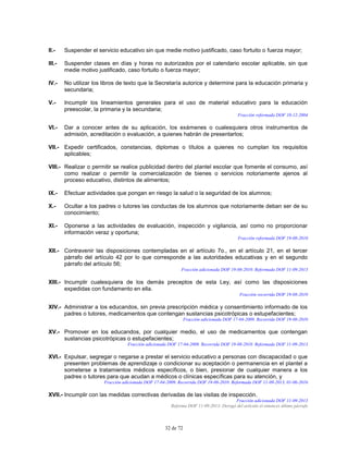 32 de 72
II.- Suspender el servicio educativo sin que medie motivo justificado, caso fortuito o fuerza mayor;
III.- Suspender clases en días y horas no autorizados por el calendario escolar aplicable, sin que
medie motivo justificado, caso fortuito o fuerza mayor;
IV.- No utilizar los libros de texto que la Secretaría autorice y determine para la educación primaria y
secundaria;
V.- Incumplir los lineamientos generales para el uso de material educativo para la educación
preescolar, la primaria y la secundaria;
Fracción reformada DOF 10-12-2004
VI.- Dar a conocer antes de su aplicación, los exámenes o cualesquiera otros instrumentos de
admisión, acreditación o evaluación, a quienes habrán de presentarlos;
VII.- Expedir certificados, constancias, diplomas o títulos a quienes no cumplan los requisitos
aplicables;
VIII.- Realizar o permitir se realice publicidad dentro del plantel escolar que fomente el consumo, así
como realizar o permitir la comercialización de bienes o servicios notoriamente ajenos al
proceso educativo, distintos de alimentos;
IX.- Efectuar actividades que pongan en riesgo la salud o la seguridad de los alumnos;
X.- Ocultar a los padres o tutores las conductas de los alumnos que notoriamente deban ser de su
conocimiento;
XI.- Oponerse a las actividades de evaluación, inspección y vigilancia, así como no proporcionar
información veraz y oportuna;
Fracción reformada DOF 19-08-2010
XII.- Contravenir las disposiciones contempladas en el artículo 7o., en el artículo 21, en el tercer
párrafo del artículo 42 por lo que corresponde a las autoridades educativas y en el segundo
párrafo del artículo 56;
Fracción adicionada DOF 19-08-2010. Reformada DOF 11-09-2013
XIII.- Incumplir cualesquiera de los demás preceptos de esta Ley, así como las disposiciones
expedidas con fundamento en ella.
Fracción recorrida DOF 19-08-2010
XIV.- Administrar a los educandos, sin previa prescripción médica y consentimiento informado de los
padres o tutores, medicamentos que contengan sustancias psicotrópicas o estupefacientes;
Fracción adicionada DOF 17-04-2009. Recorrida DOF 19-08-2010
XV.- Promover en los educandos, por cualquier medio, el uso de medicamentos que contengan
sustancias psicotrópicas o estupefacientes;
Fracción adicionada DOF 17-04-2009. Recorrida DOF 19-08-2010. Reformada DOF 11-09-2013
XVI.- Expulsar, segregar o negarse a prestar el servicio educativo a personas con discapacidad o que
presenten problemas de aprendizaje o condicionar su aceptación o permanencia en el plantel a
someterse a tratamientos médicos específicos, o bien, presionar de cualquier manera a los
padres o tutores para que acudan a médicos o clínicas específicas para su atención, y
Fracción adicionada DOF 17-04-2009. Recorrida DOF 19-08-2010. Reformada DOF 11-09-2013, 01-06-2016
XVII.- Incumplir con las medidas correctivas derivadas de las visitas de inspección.
Fracción adicionada DOF 11-09-2013
Reforma DOF 11-09-2013: Derogó del artículo el entonces último párrafo
 