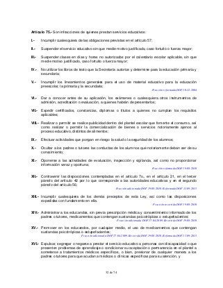 32 de 74
Artículo 75.- Son infracciones de quienes prestan servicios educativos:
I.- Incumplir cualesquiera de las obligaciones previstas en el artículo 57;
II.- Suspender el servicio educativo sin que medie motivo justificado, caso fortuito o fuerza mayor;
III.- Suspender clases en días y horas no autorizados por el calendario escolar aplicable, sin que
medie motivo justificado, caso fortuito o fuerza mayor;
IV.- No utilizar los libros de texto que la Secretaría autorice y determine para la educación primaria y
secundaria;
V.- Incumplir los lineamientos generales para el uso de material educativo para la educación
preescolar, la primaria y la secundaria;
Fracción reformada DOF 10-12-2004
VI.- Dar a conocer antes de su aplicación, los exámenes o cualesquiera otros instrumentos de
admisión, acreditación o evaluación, a quienes habrán de presentarlos;
VII.- Expedir certificados, constancias, diplomas o títulos a quienes no cumplan los requisitos
aplicables;
VIII.- Realizar o permitir se realice publicidad dentro del plantel escolar que fomente el consumo, así
como realizar o permitir la comercialización de bienes o servicios notoriamente ajenos al
proceso educativo, distintos de alimentos;
IX.- Efectuar actividades que pongan en riesgo la salud o la seguridad de los alumnos;
X.- Ocultar a los padres o tutores las conductas de los alumnos que notoriamente deban ser de su
conocimiento;
XI.- Oponerse a las actividades de evaluación, inspección y vigilancia, así como no proporcionar
información veraz y oportuna;
Fracción reformada DOF 19-08-2010
XII.- Contravenir las disposiciones contempladas en el artículo 7o., en el artículo 21, en el tercer
párrafo del artículo 42 por lo que corresponde a las autoridades educativas y en el segundo
párrafo del artículo 56;
Fracción adicionada DOF 19-08-2010. Reformada DOF 11-09-2013
XIII.- Incumplir cualesquiera de los demás preceptos de esta Ley, así como las disposiciones
expedidas con fundamento en ella.
Fracción recorrida DOF 19-08-2010
XIV.- Administrar a los educandos, sin previa prescripción médica y consentimiento informado de los
padres o tutores, medicamentos que contengan sustancias psicotrópicas o estupefacientes;
Fracción adicionada DOF 17-04-2009. Recorrida DOF 19-08-2010
XV.- Promover en los educandos, por cualquier medio, el uso de medicamentos que contengan
sustancias psicotrópicas o estupefacientes;
Fracción adicionada DOF 17-04-2009. Recorrida DOF 19-08-2010. Reformada DOF 11-09-2013
XVI.- Expulsar, segregar o negarse a prestar el servicio educativo a personas con discapacidad o que
presenten problemas de aprendizaje o condicionar su aceptación o permanencia en el plantel a
someterse a tratamientos médicos específicos, o bien, presionar de cualquier manera a los
padres o tutores para que acudan a médicos o clínicas específicas para su atención, y
 